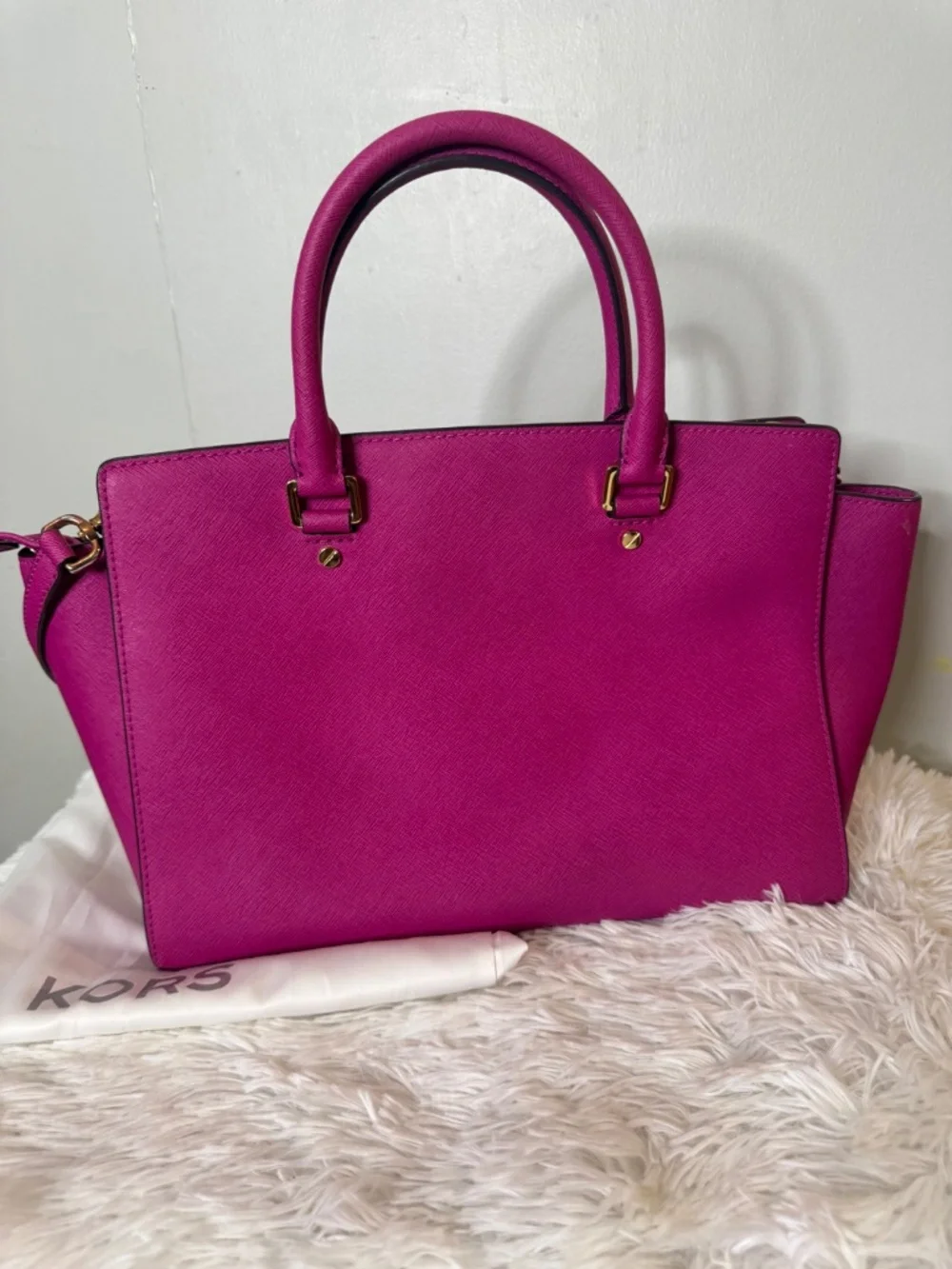 Michael Kors Hot Pink Saffiano Leather Satchel Crossbody Bag with Dust Bag.